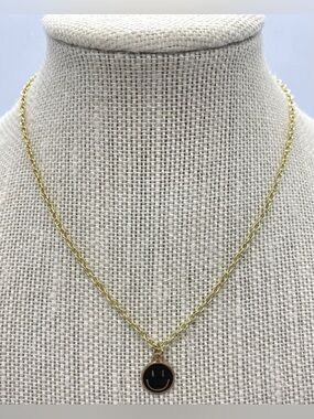 Gold Chain Choker Necklace w/ Black Enamel Smiley Face Charm Boho Y2K Preppy